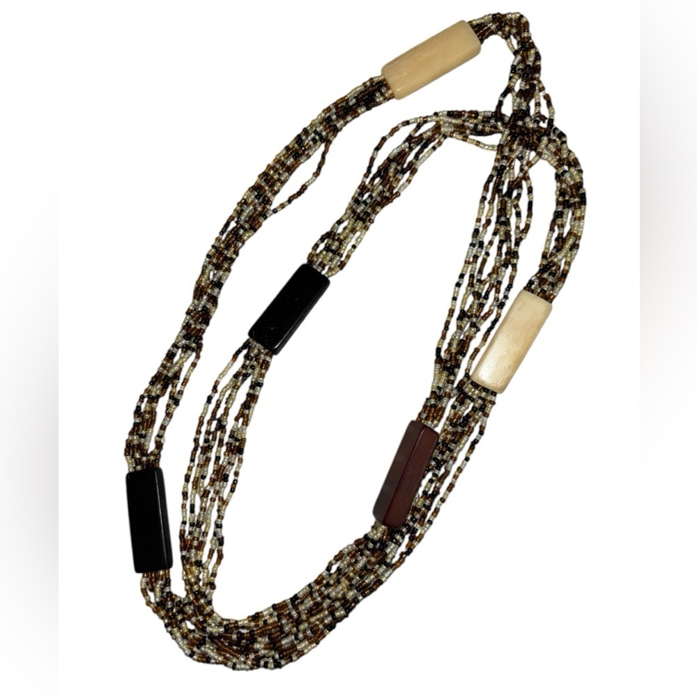 Black Brown Cream Multi Strand Seed Bead Wood Lacquer Necklace 19"